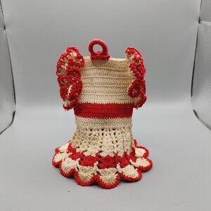 Vintage Crochet White and Red Pot Holder Potholder